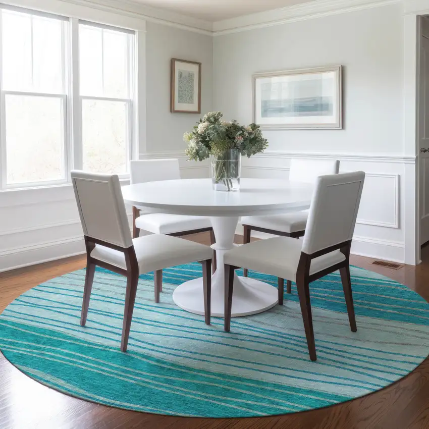 8' Sky Blue Teal Blue And Aqua Round Striped Washable Indoor Outdoor Area Rug Photo 7