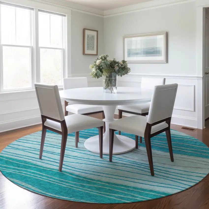 8' Sky Blue Teal Blue And Aqua Round Striped Washable Indoor Outdoor Area Rug Photo 7