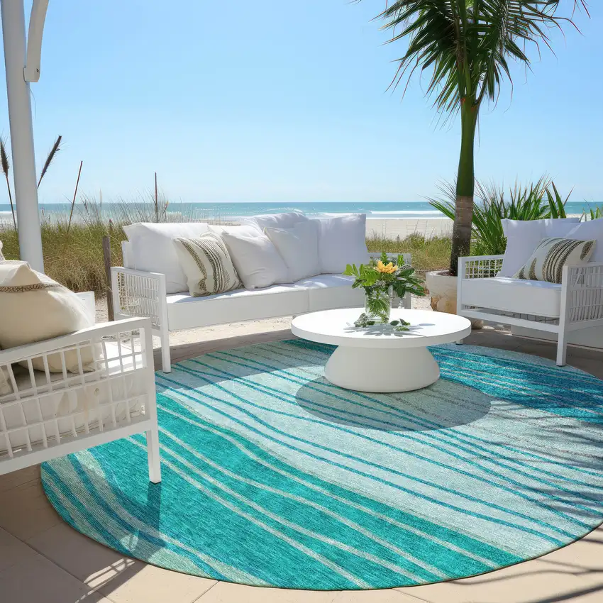 8' Sky Blue Teal Blue And Aqua Round Striped Washable Indoor Outdoor Area Rug Photo 6