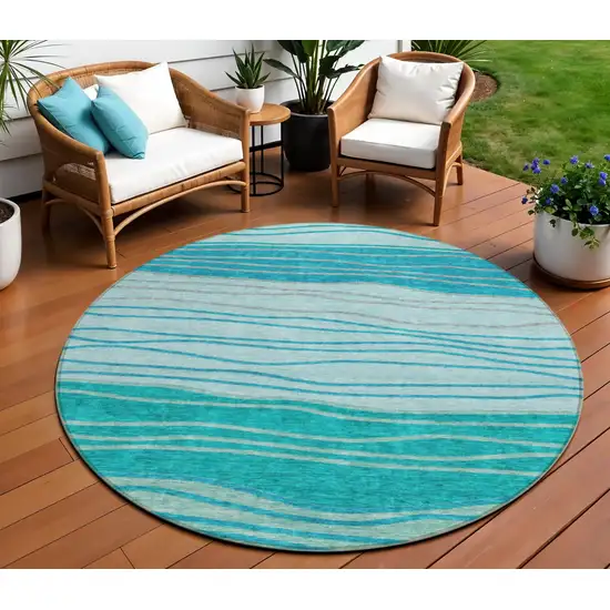 8' Sky Blue Teal Blue And Aqua Round Striped Washable Indoor Outdoor Area Rug Photo 1