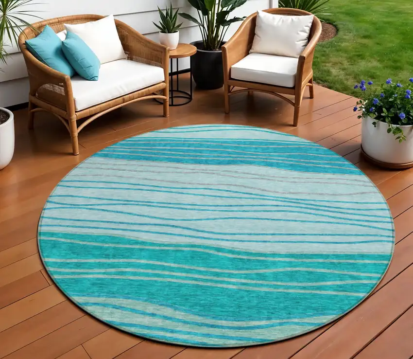 8' Sky Blue Teal Blue And Aqua Round Striped Washable Indoor Outdoor Area Rug Photo 1