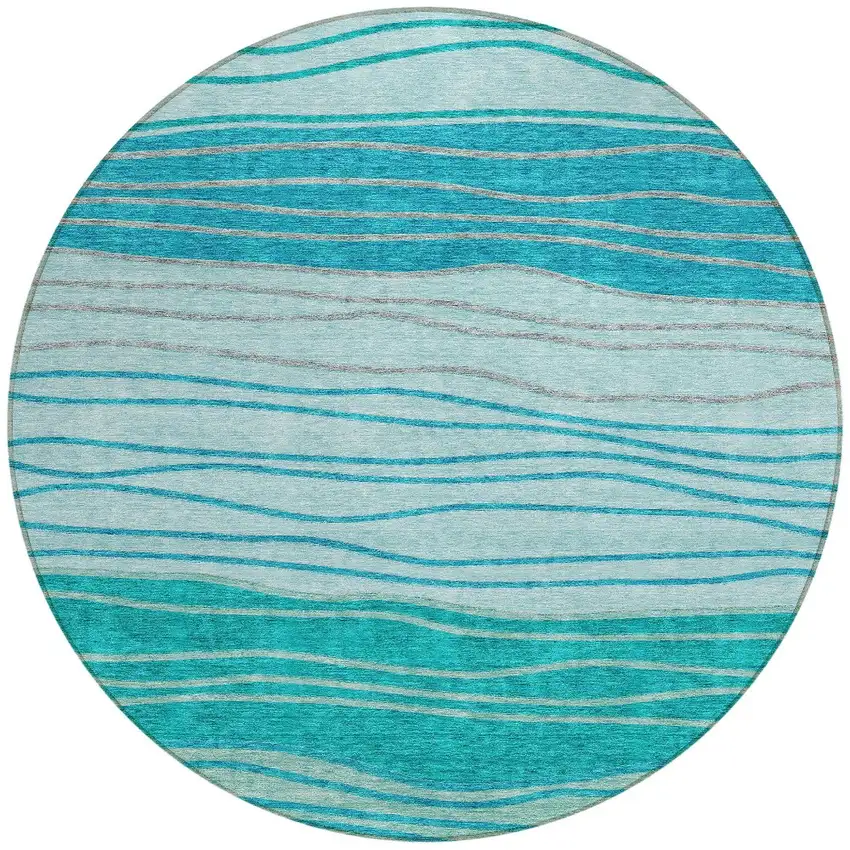 8' Sky Blue Teal Blue And Aqua Round Striped Washable Indoor Outdoor Area Rug Photo 5