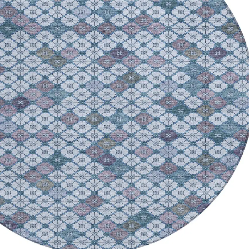 8' Sky Blue Teal Blue And Lavender Round Geometric Washable Indoor Outdoor Area Rug Photo 8