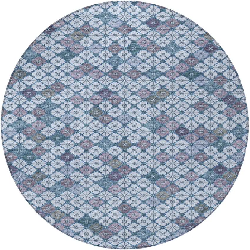 8' Sky Blue Teal Blue And Lavender Round Geometric Washable Indoor Outdoor Area Rug Photo 3