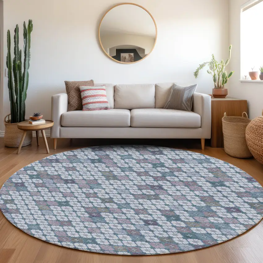 8' Sky Blue Teal Blue And Lavender Round Geometric Washable Indoor Outdoor Area Rug Photo 6