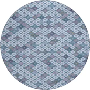 Photo of 8' Sky Blue Teal Blue And Lavender Round Geometric Washable Indoor Outdoor Area Rug