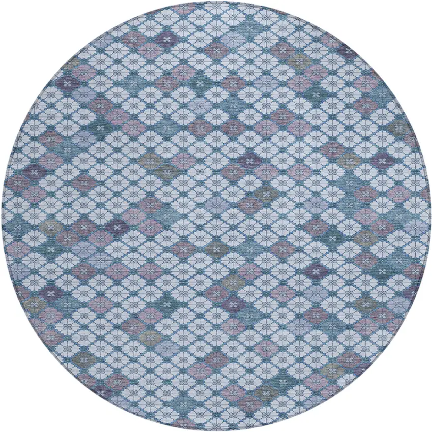 8' Sky Blue Teal Blue And Lavender Round Geometric Washable Indoor Outdoor Area Rug Photo 1