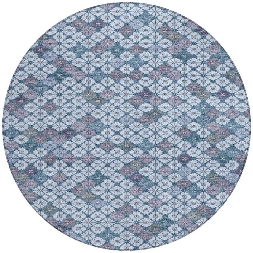 8' Sky Blue Teal Blue And Lavender Round Geometric Washable Indoor Outdoor Area Rug Photo 4