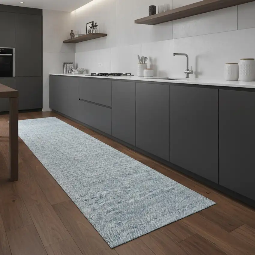 8' Sky Blue Wool Runner Rug Photo 1