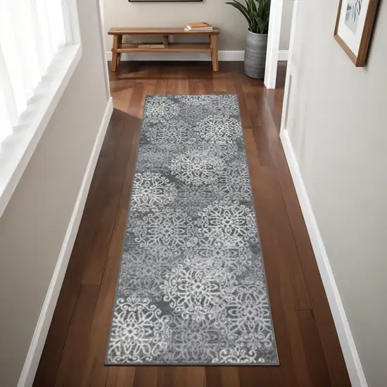 8' Ivory And Slate Gray Medallion Runner Rug Photo 1