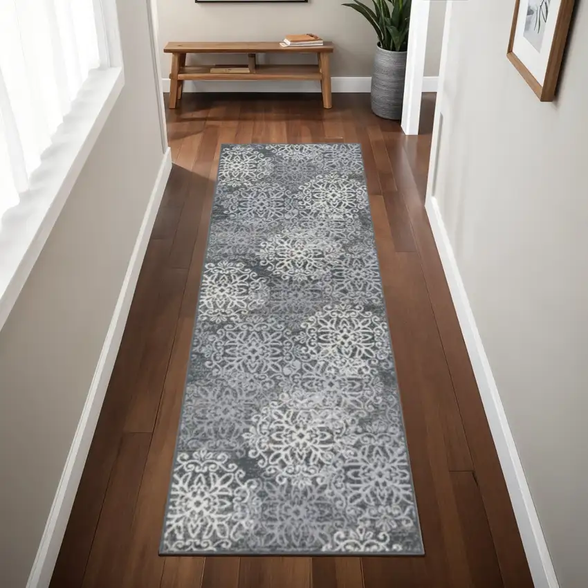 8' Ivory And Slate Gray Medallion Runner Rug Photo 1