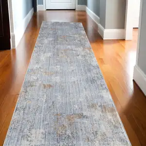 Photo of 12' Slate Blue Abstract Runner Rug With Fringe