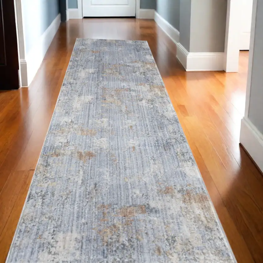12' Slate Blue Abstract Runner Rug With Fringe Photo 1