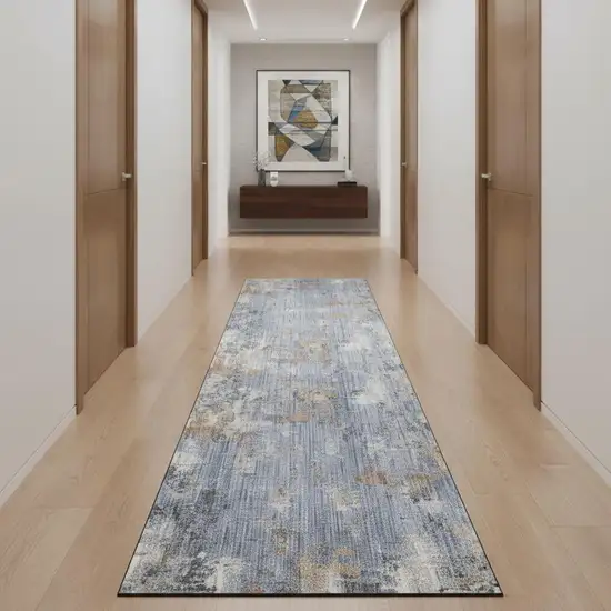 12' Slate Blue Abstract Runner Rug With Fringe Photo 1
