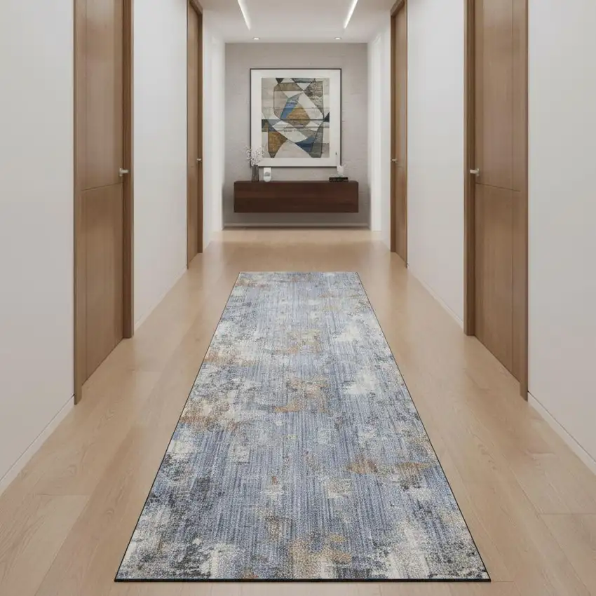 12' Slate Blue Abstract Runner Rug With Fringe Photo 1