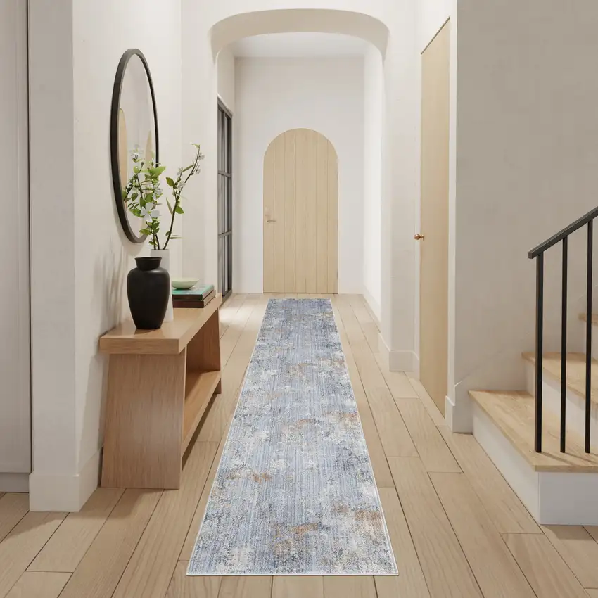 12' Slate Blue Abstract Runner Rug With Fringe Photo 5