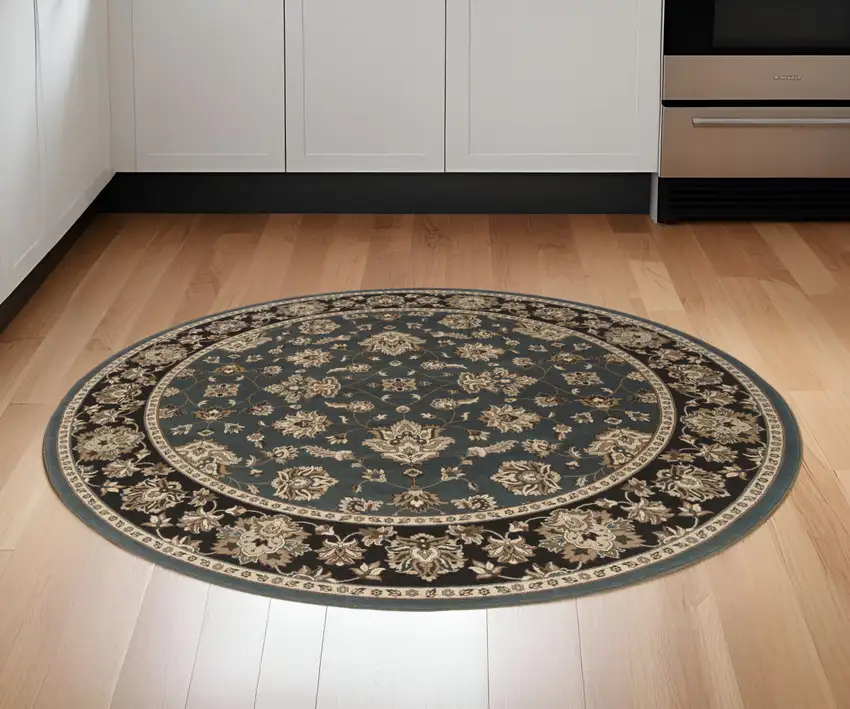 6' Slate Blue Black and Ivory Floral Round Rug Photo 1