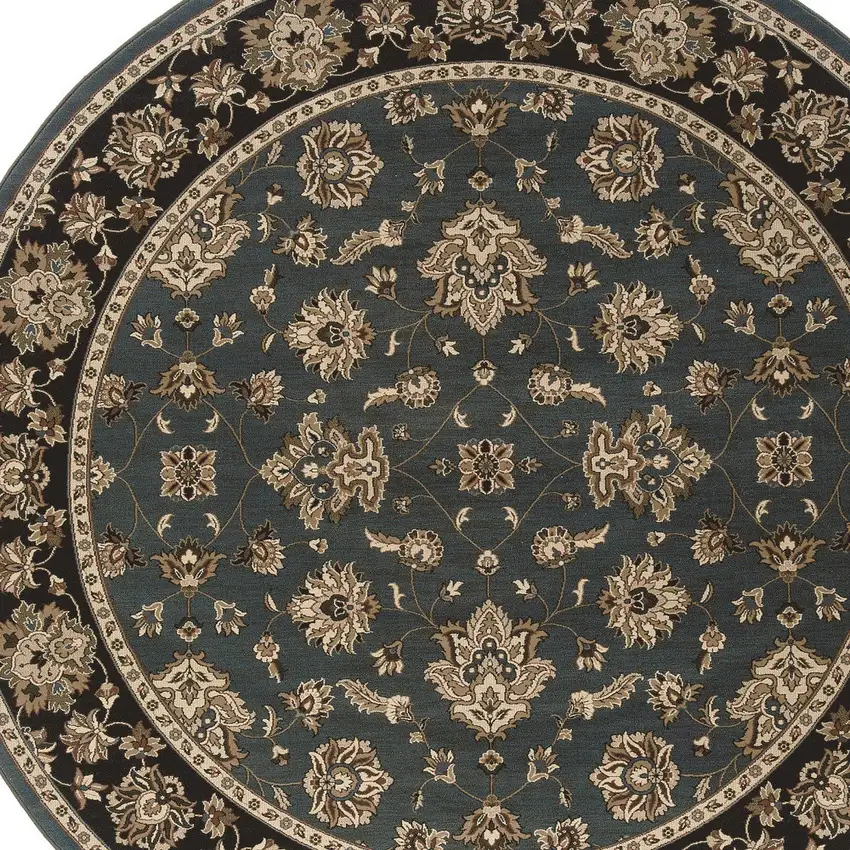 6' Slate Blue Black and Ivory Floral Round Rug Photo 5