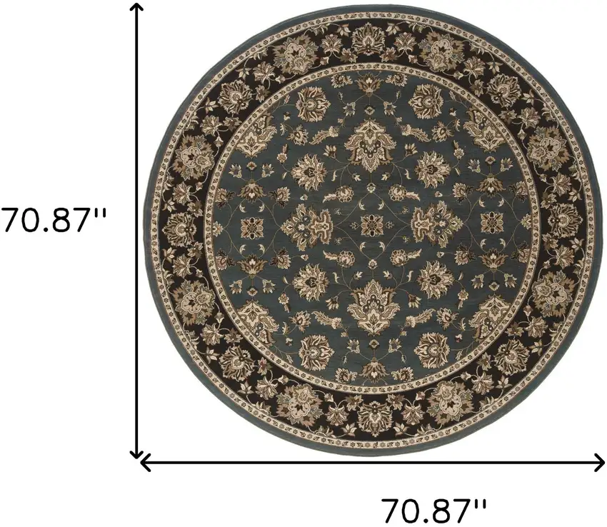 6' Slate Blue Black and Ivory Floral Round Rug Photo 3