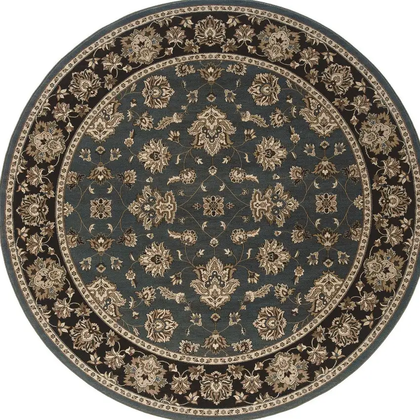 6' Slate Blue Black and Ivory Floral Round Rug Photo 4
