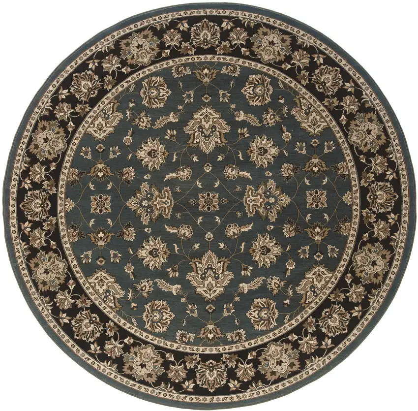 6' Slate Blue Black and Ivory Floral Round Rug Photo 2