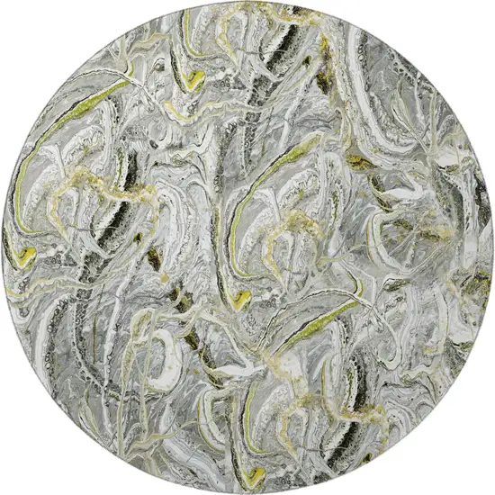 8' Slate Gray And Gold Round Abstract Washable Indoor Outdoor Area Rug Photo 4