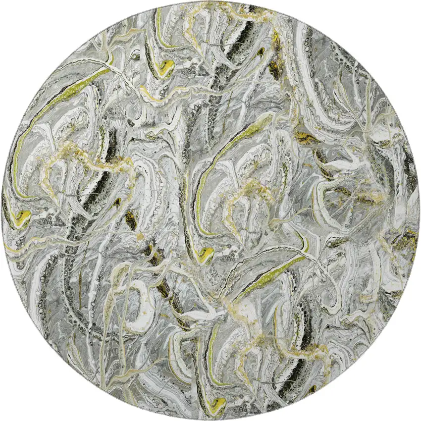 8' Slate Gray And Gold Round Abstract Washable Indoor Outdoor Area Rug Photo 4
