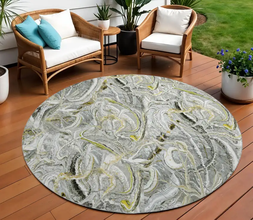 8' Slate Gray And Gold Round Abstract Washable Indoor Outdoor Area Rug Photo 1
