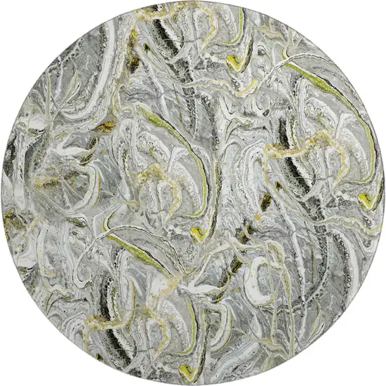 8' Slate Gray And Gold Round Abstract Washable Indoor Outdoor Area Rug Photo 2