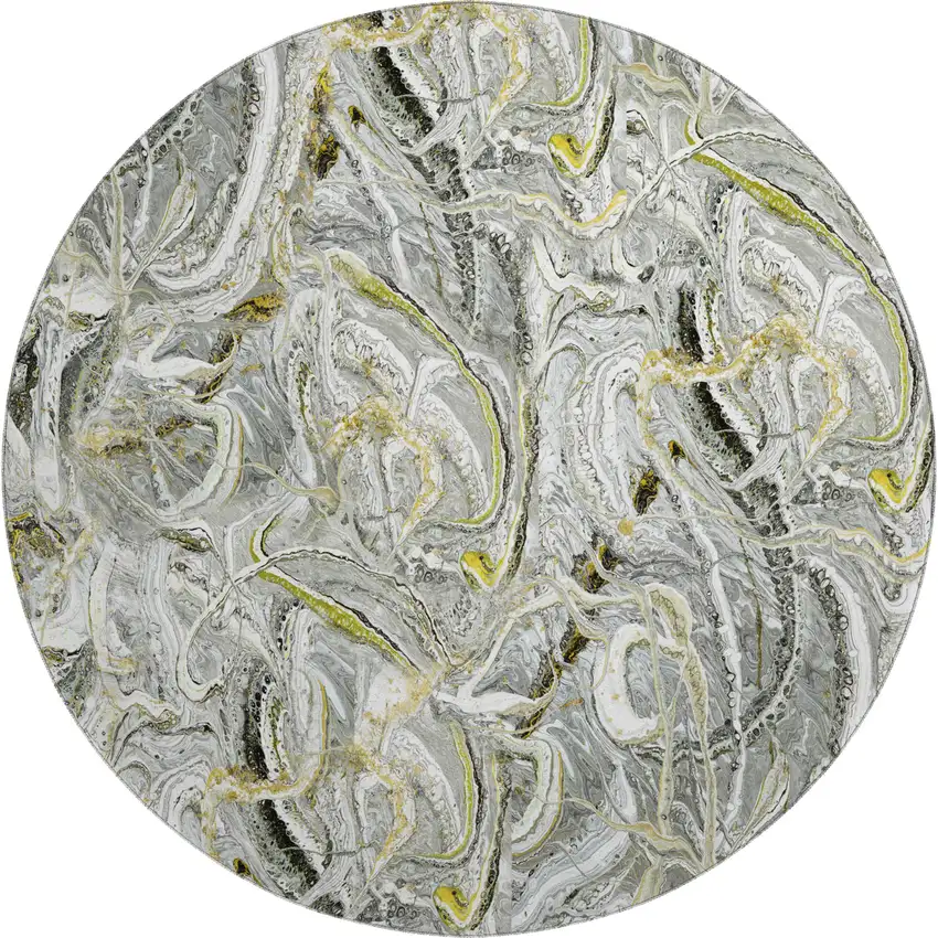 8' Slate Gray And Gold Round Abstract Washable Indoor Outdoor Area Rug Photo 2
