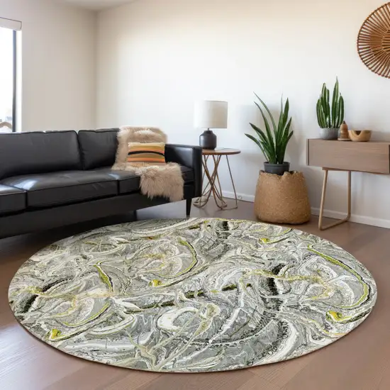 8' Slate Gray And Gold Round Abstract Washable Indoor Outdoor Area Rug Photo 7