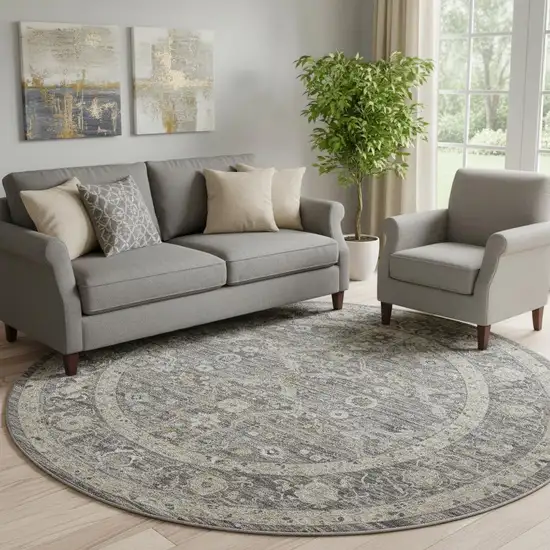 8' Slate Gray Brown And Ivory Floral Distressed Round Rug With Fringe Photo 1