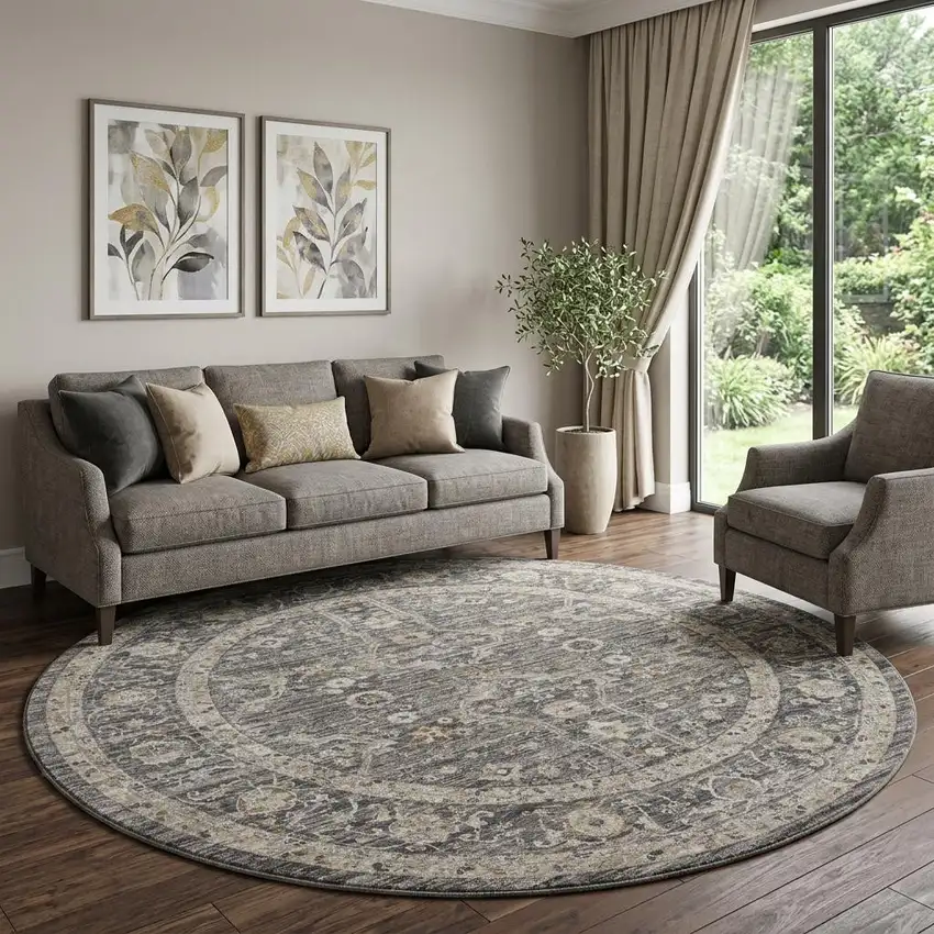 8' Slate Gray Brown And Ivory Floral Distressed Round Rug With Fringe Photo 1
