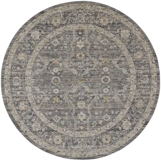 8' Slate Gray Brown And Ivory Floral Distressed Round Rug With Fringe Photo 4