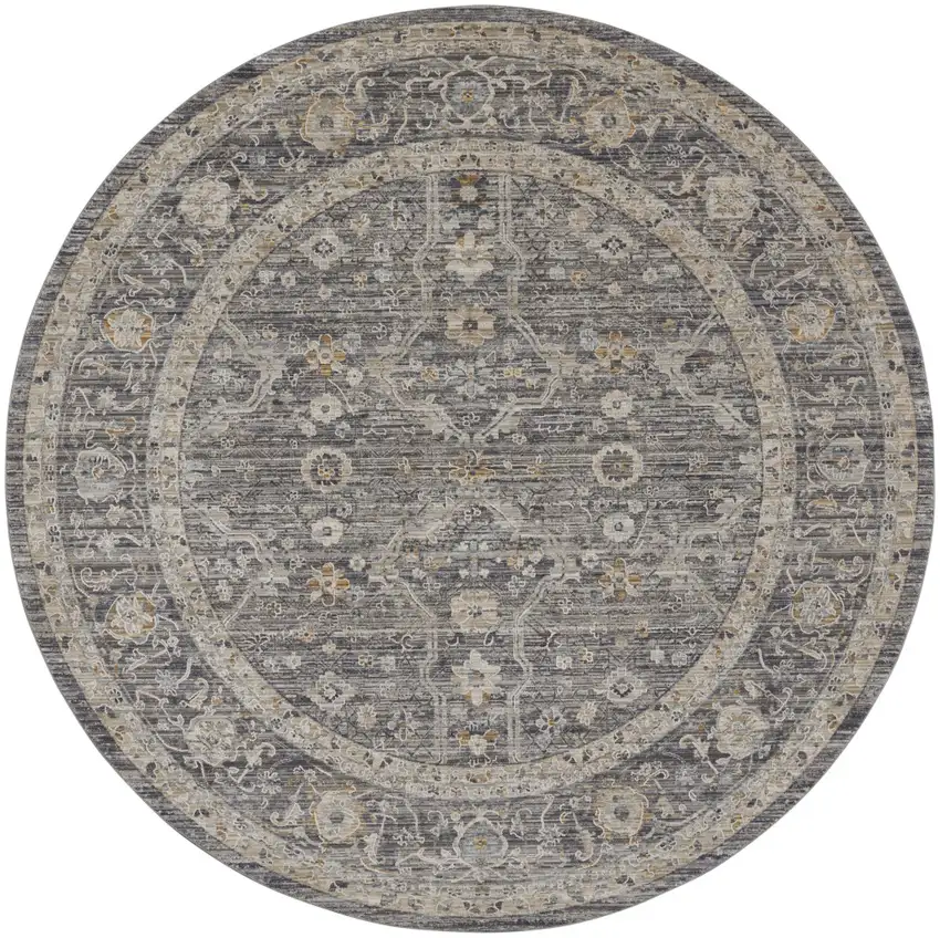 8' Slate Gray Brown And Ivory Floral Distressed Round Rug With Fringe Photo 4