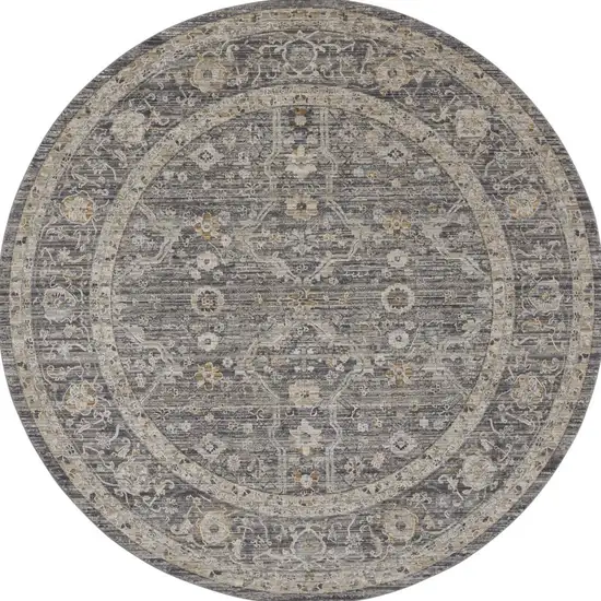 8' Slate Gray Brown And Ivory Floral Distressed Round Rug With Fringe Photo 3