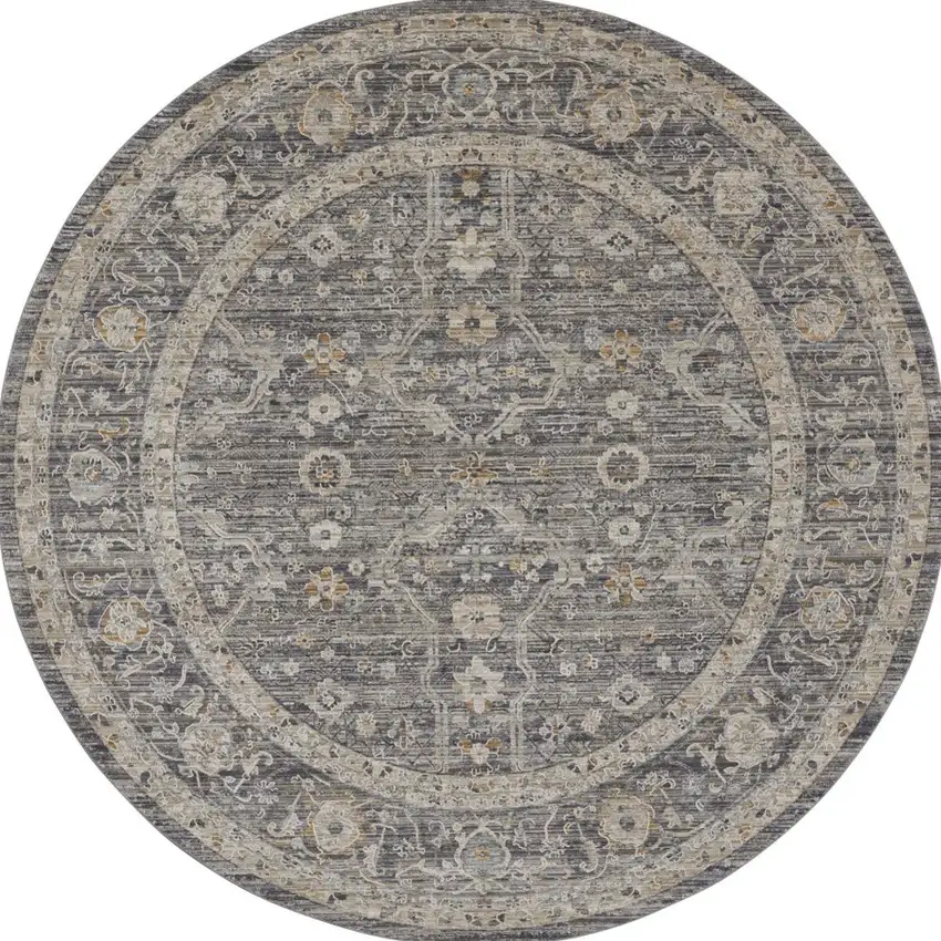 8' Slate Gray Brown And Ivory Floral Distressed Round Rug With Fringe Photo 3
