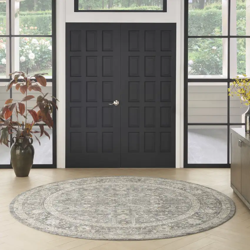 8' Slate Gray Brown And Ivory Floral Distressed Round Rug With Fringe Photo 6