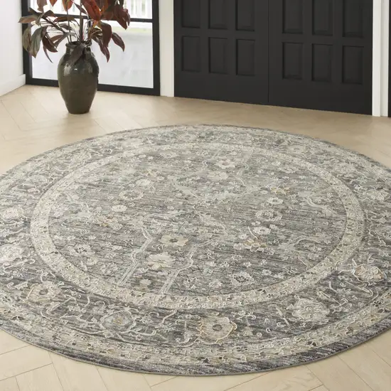8' Slate Gray Brown And Ivory Floral Distressed Round Rug With Fringe Photo 5
