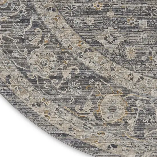 8' Slate Gray Brown And Ivory Floral Distressed Round Rug With Fringe Photo 9