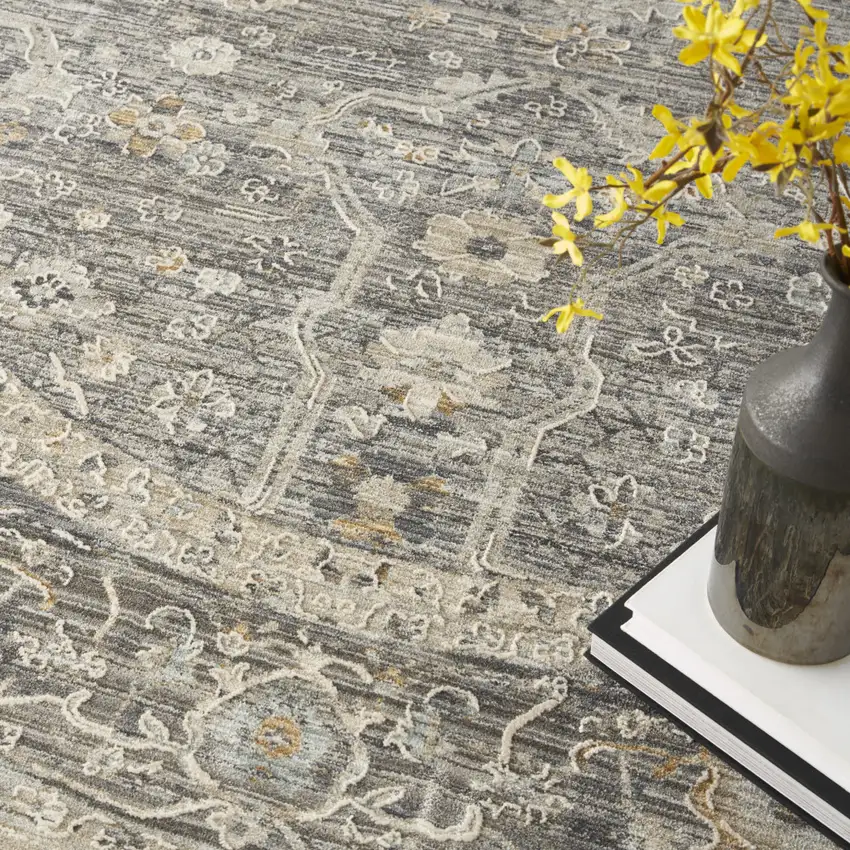 8' Slate Gray Brown And Ivory Floral Distressed Round Rug With Fringe Photo 9