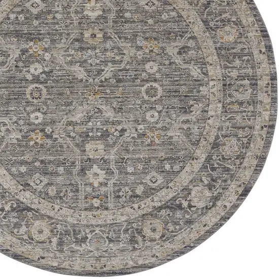 8' Slate Gray Brown And Ivory Floral Distressed Round Rug With Fringe Photo 7