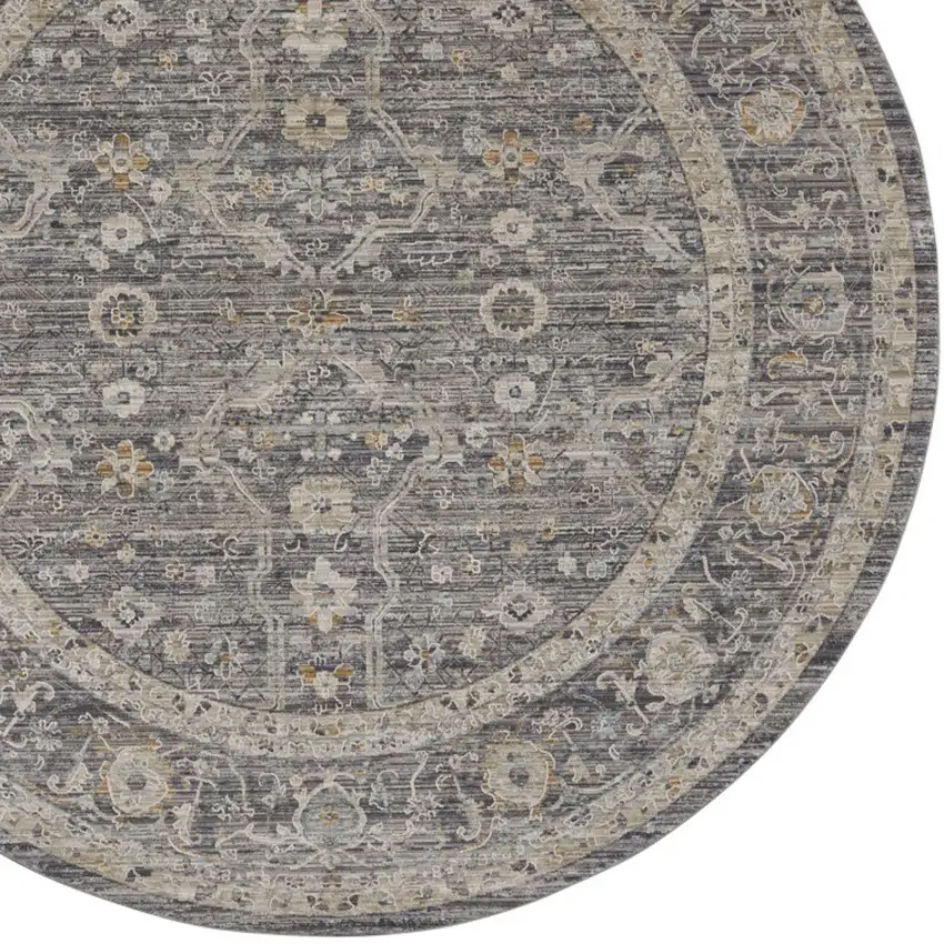 8' Slate Gray Brown And Ivory Floral Distressed Round Rug With Fringe Photo 7