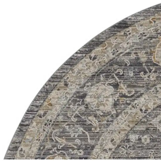 8' Slate Gray Brown And Ivory Floral Distressed Round Rug With Fringe Photo 2