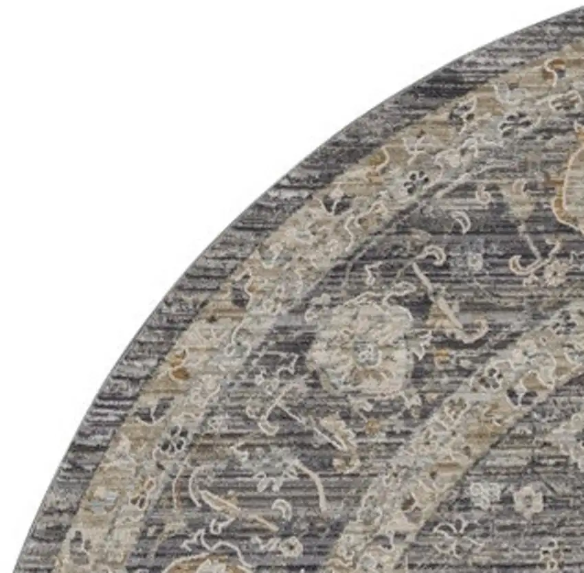 8' Slate Gray Brown And Ivory Floral Distressed Round Rug With Fringe Photo 2