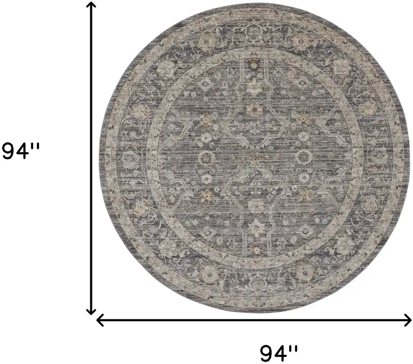 8' Slate Gray Brown And Ivory Floral Distressed Round Rug With Fringe Photo 3