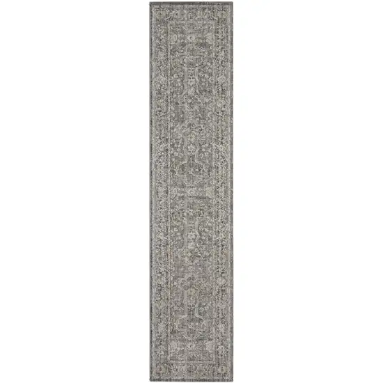 10' Slate Gray Brown And Ivory Floral Distressed Runner Rug With Fringe Photo 2