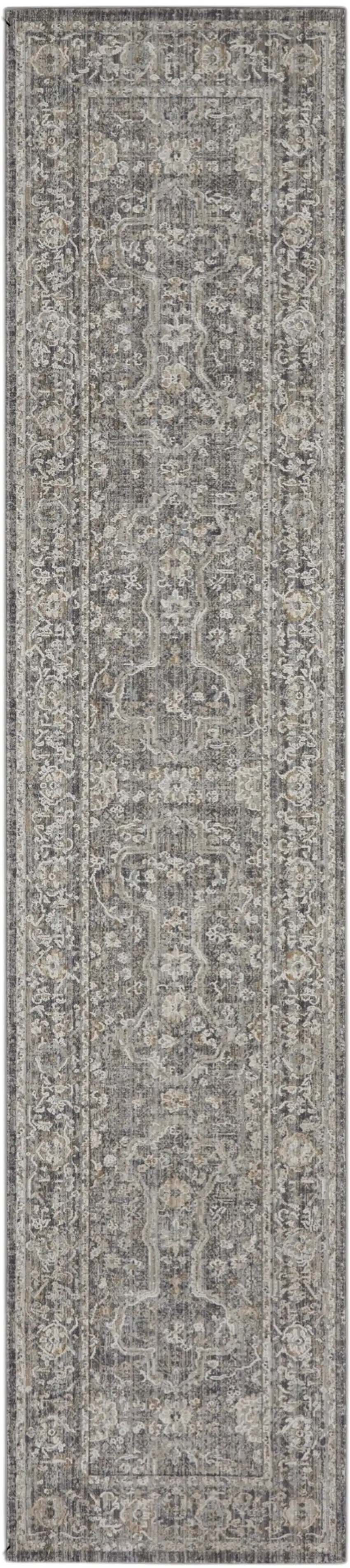 10' Slate Gray Brown And Ivory Floral Distressed Runner Rug With Fringe Photo 2