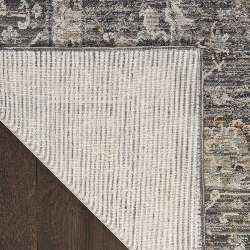 10' Slate Gray Brown And Ivory Floral Distressed Runner Rug With Fringe Photo 9