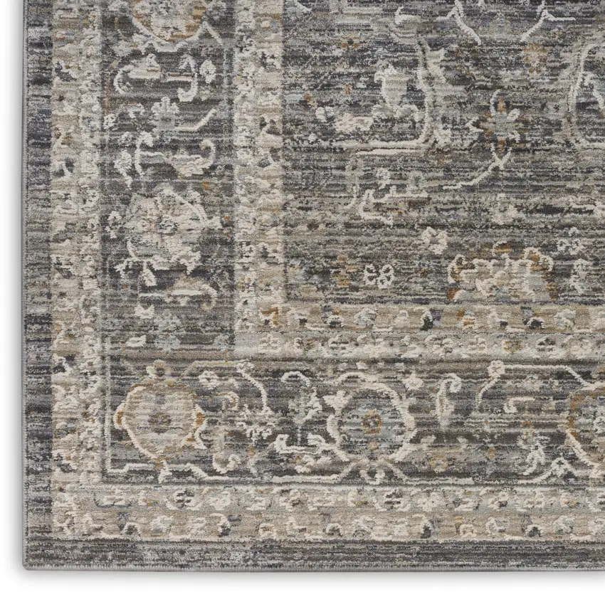 10' Slate Gray Brown And Ivory Floral Distressed Runner Rug With Fringe Photo 4
